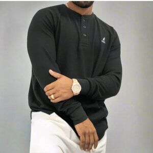Kangol Henley Waffle Knit Shirt Mens XL Black Cotton Thermal Long Sleeve